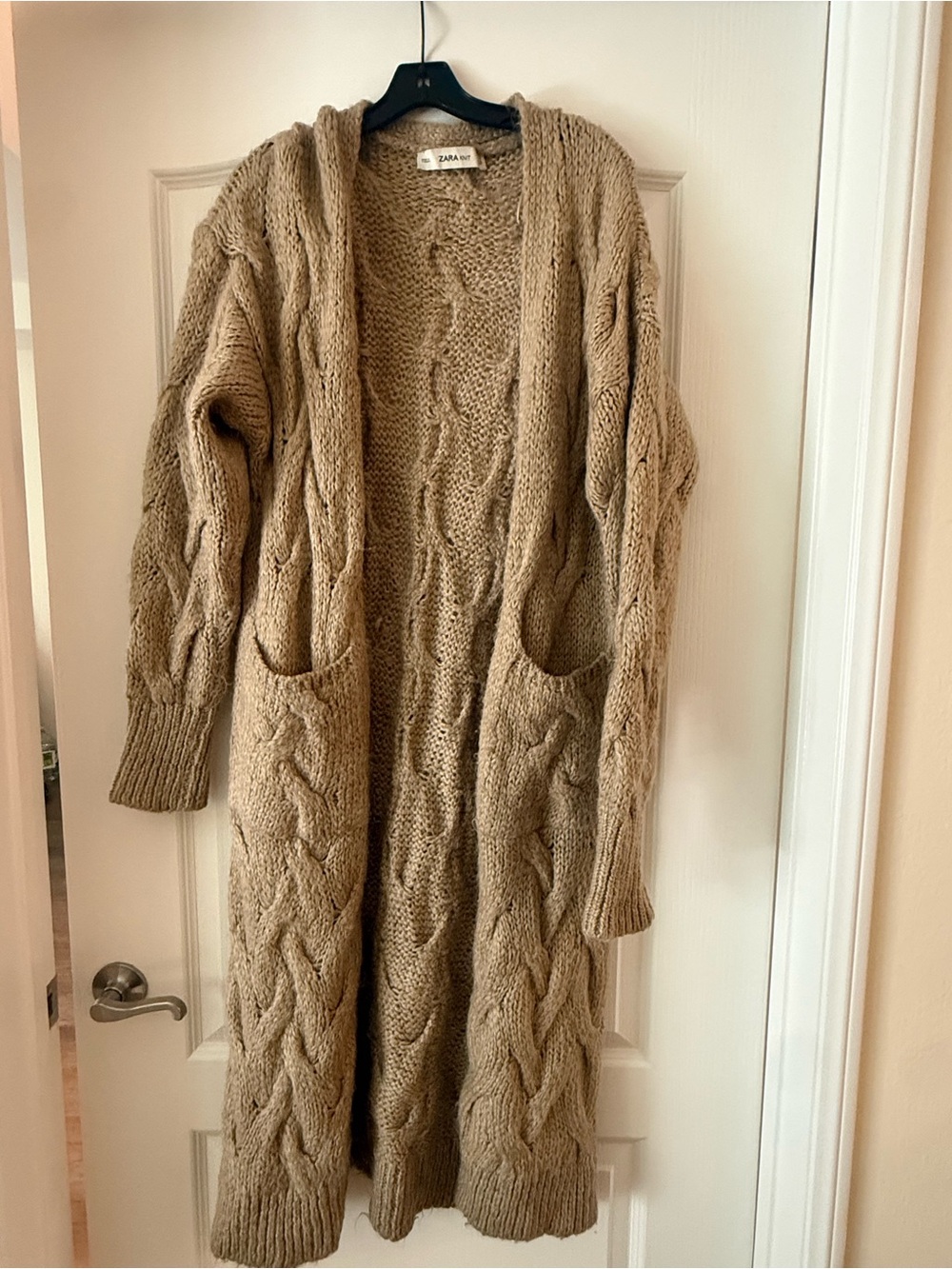 Zara Beige Cable-Knit Long Open Cardigan
